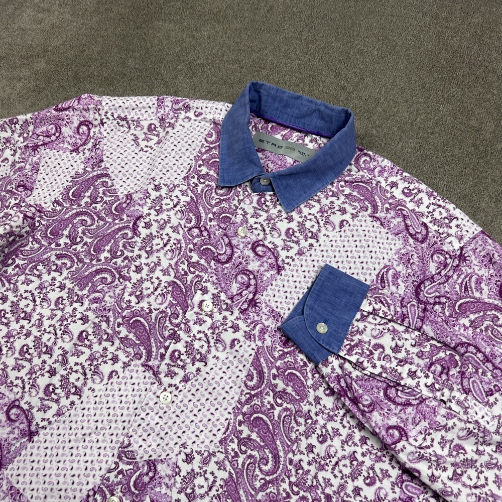 ETRO Shirt Mens Small 39 Pink Paisley Long Sleeve Button Up Cotton Contrast